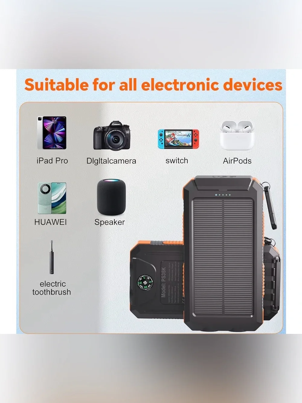 Portable Solar Power Bank with Compass - Black & Orange